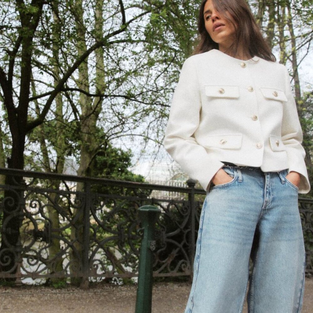 ZARA Women's Round Neck Pique Blazer(Ecru, US S, M, L, XL /EUR S, M, L, XL)